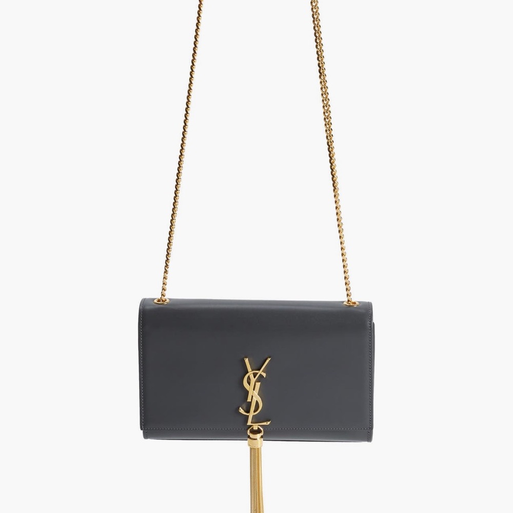 AUTHENTIC Yves Saint Laurent Black Gold Crossbody Iconic YSL Logo tassle RARE